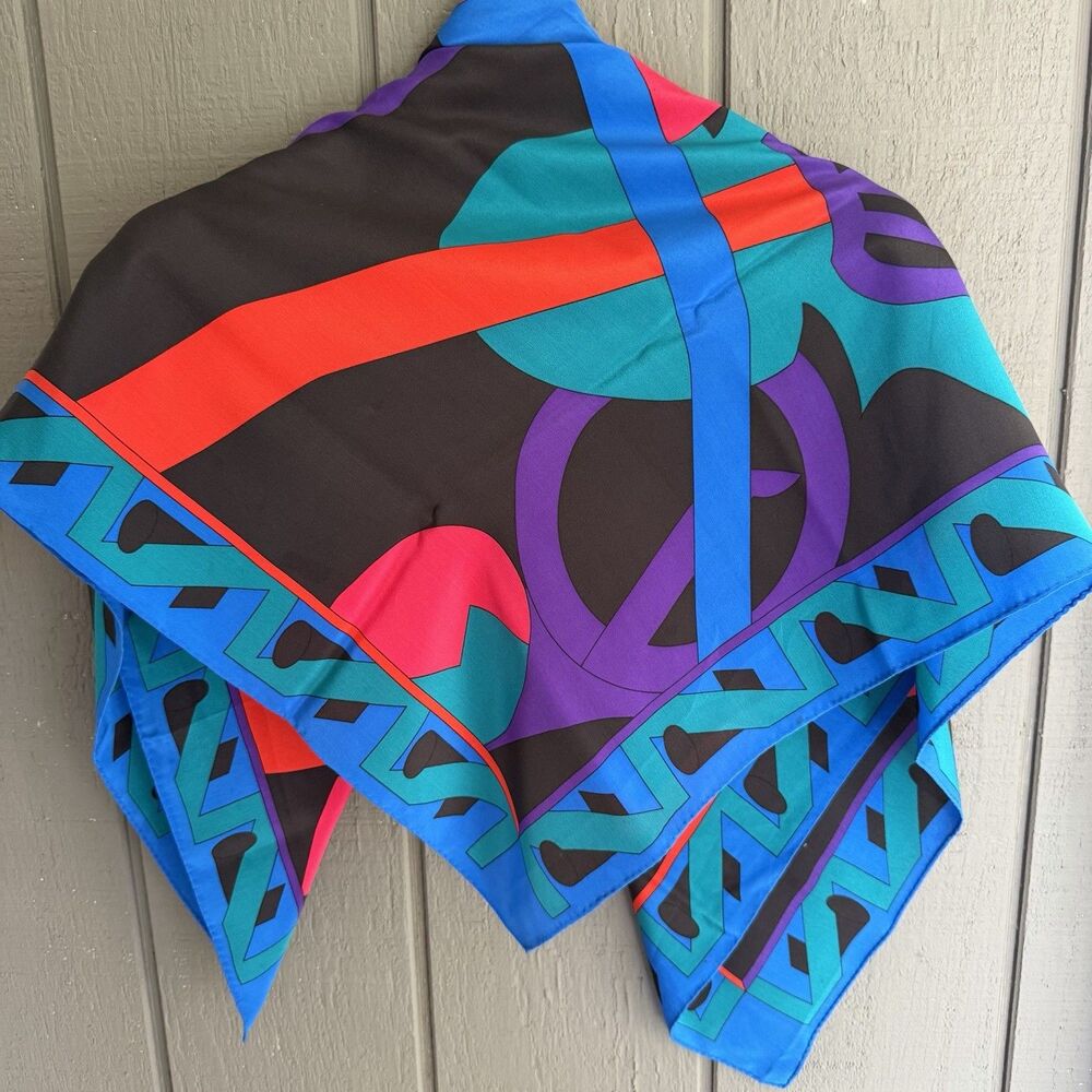 Vtg 80s style Bold GINNIE JOHANSEN Silk Scarf Red Blue Blk Musical Cello Print